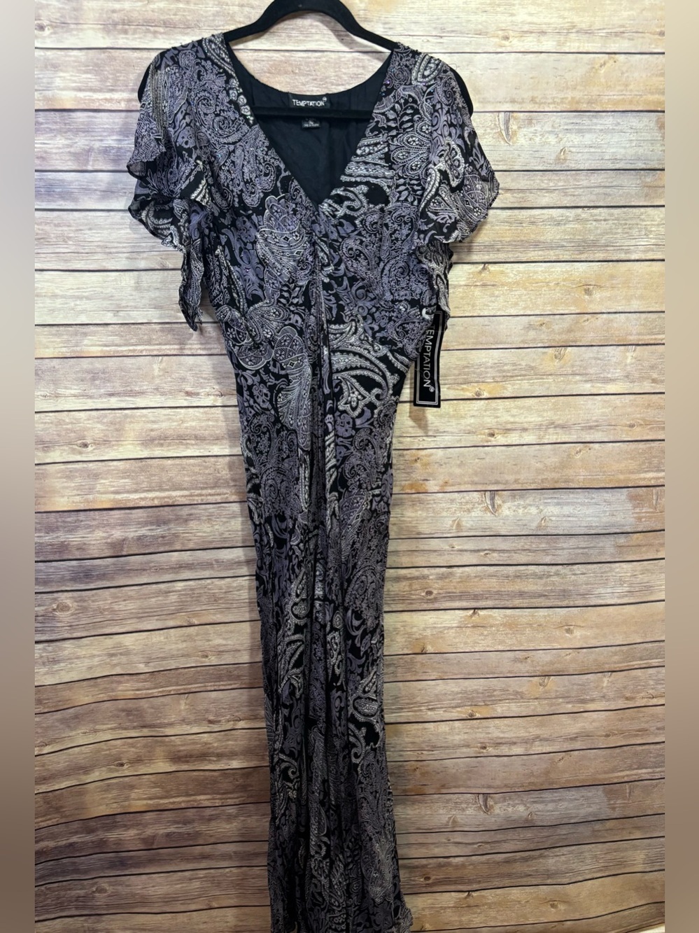 NWT Temptation Vintage 90's Y2K Black Blue Paisley Deadstock Beaded Midi Dress